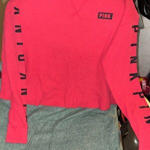 PINK VS Long Sleeve Cropped Top Red with Black Lettering